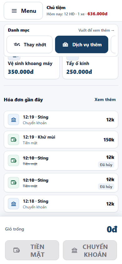 Wash App trên điện thoại với hóa đơn gần đây và hai nút thanh toán ở đáy